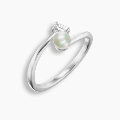 Akoya Pearl and Emerald Cut Diamond Ring