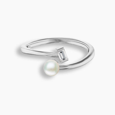 Akoya Pearl and Emerald Cut Diamond Ring