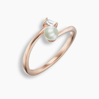 Akoya Pearl and Emerald Cut Diamond Ring