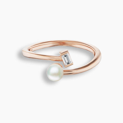 Akoya Pearl and Emerald Cut Diamond Ring