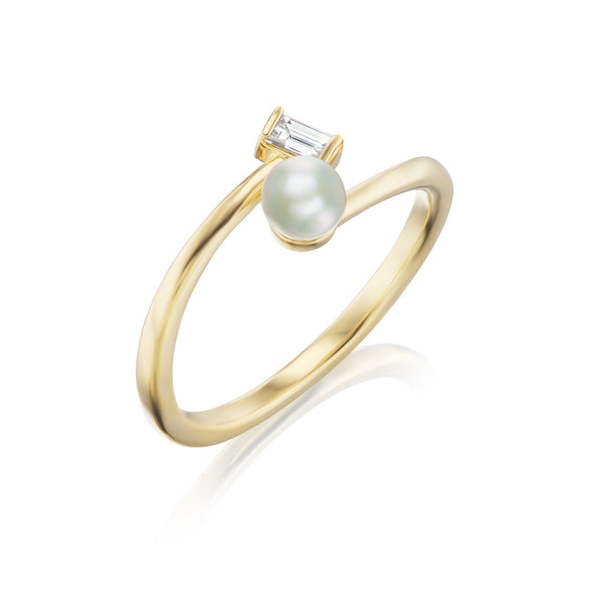 Akoya Pearl and Emerald Cut Diamond Ring