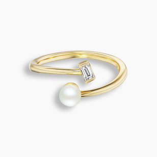 Akoya Pearl and Emerald Cut Diamond Ring